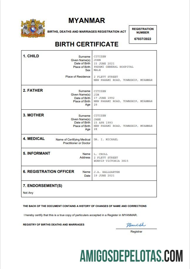 Realista modelo Word e PDF de certidão de nascimento de registro vital de Mianmar